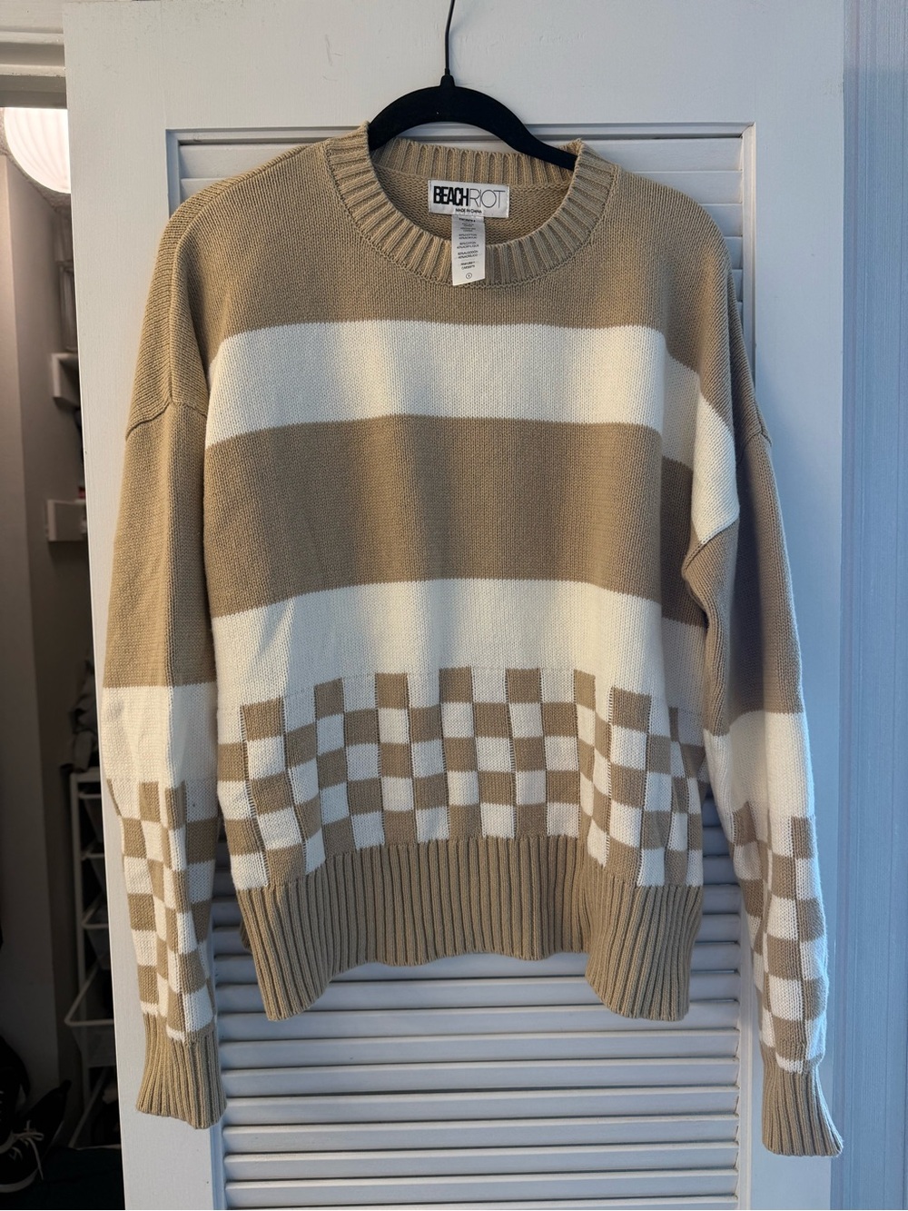 Beach Riot Tan & White Checkerboard Stripe Sweater Callie Sweater Taupe Check - Picture 2 of 5